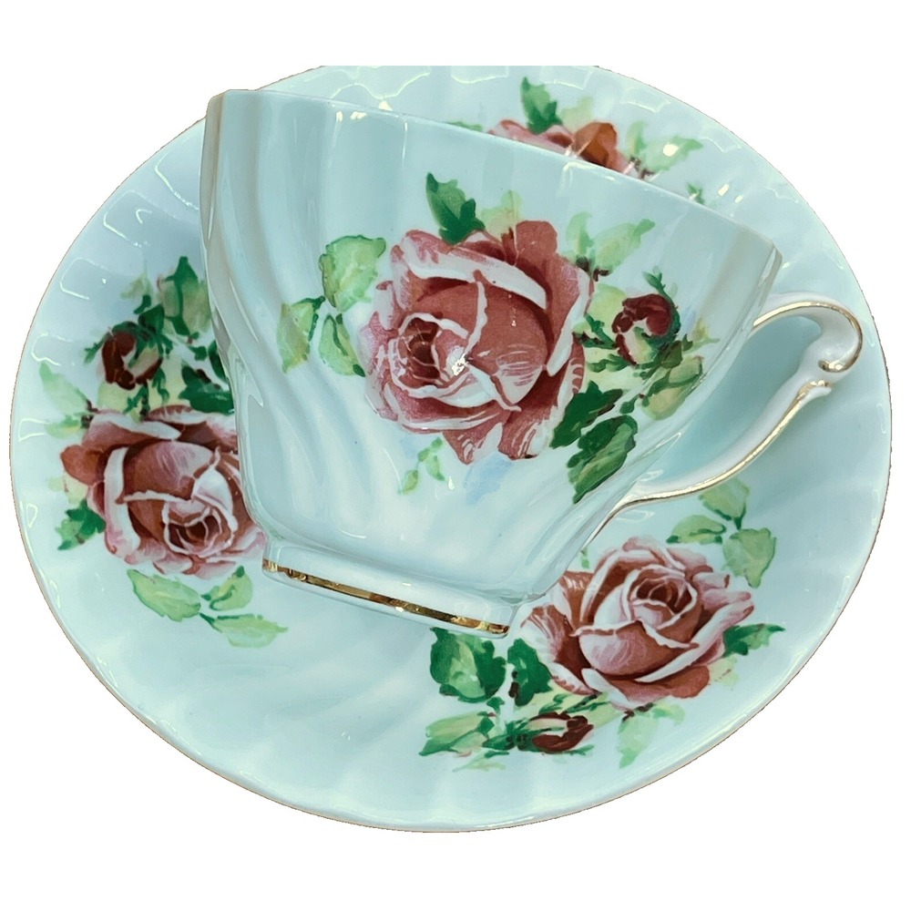 Vintage Queen Anne Tea Cup & Saucer Set Pastel Green w Pink Roses Numbered - Picture 3 of 12